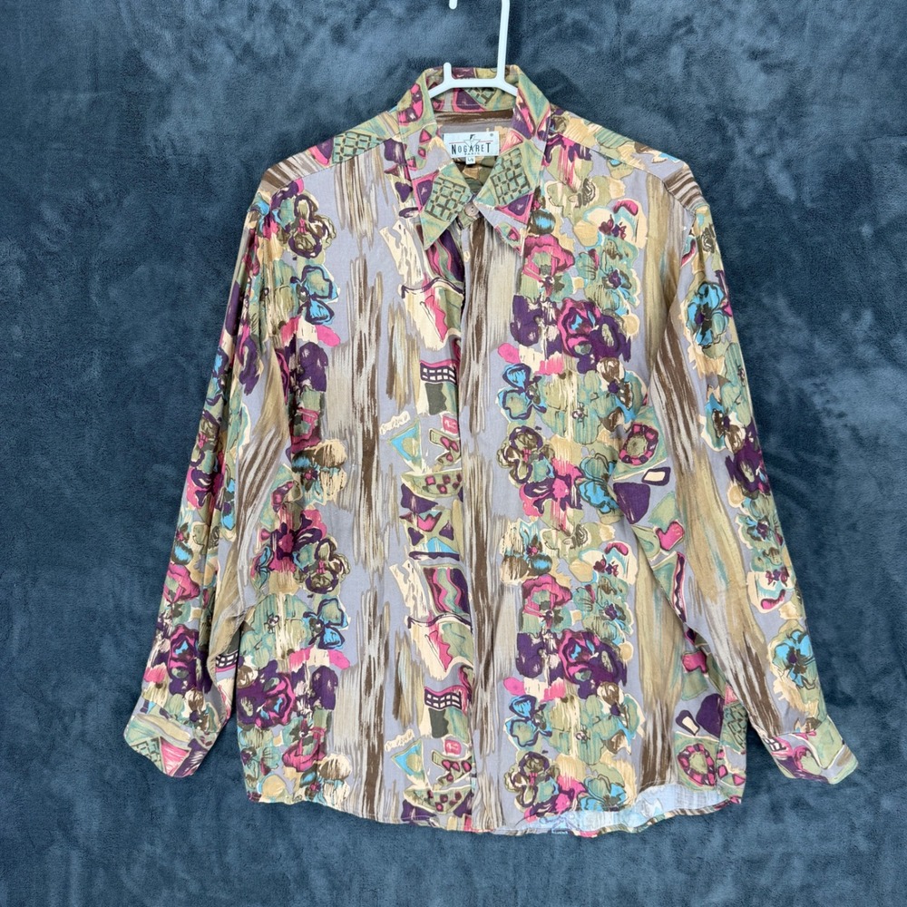 Nogaret Paris‎ Mens Large Abstract Floral Rayon Button Down Shirt Multicolor L/G